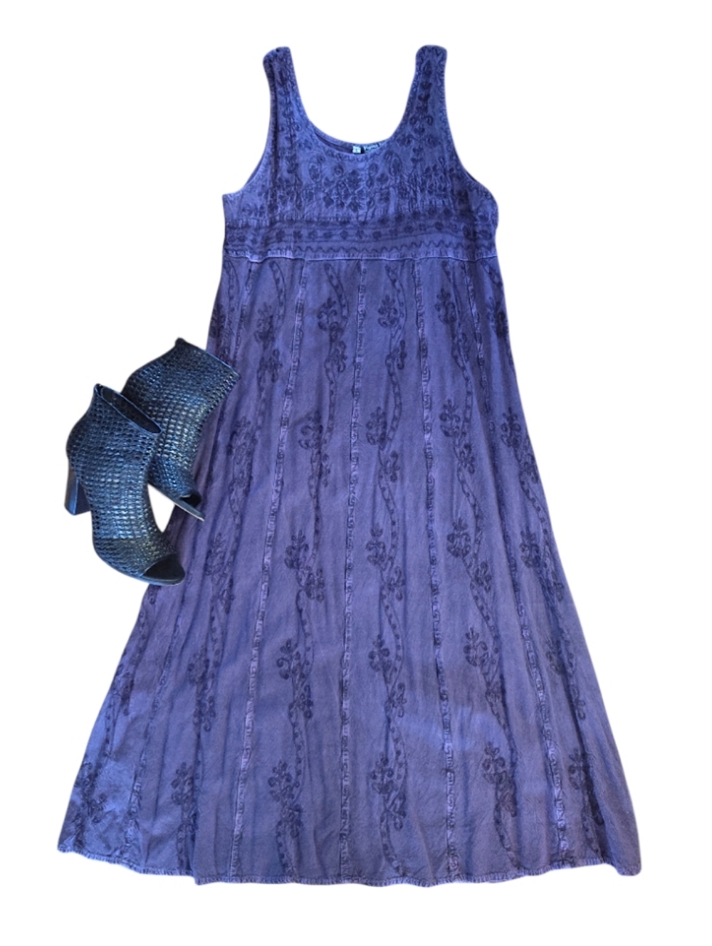 VTG Flying High Purple Embroidered Tie Back Maxi Dress Large Gypsy Boho